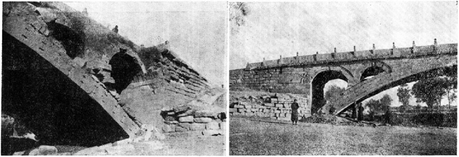 图：左，安济桥东面损坏处里券；右，安济桥北端两小券西面。梁思成等人1933年拍摄。